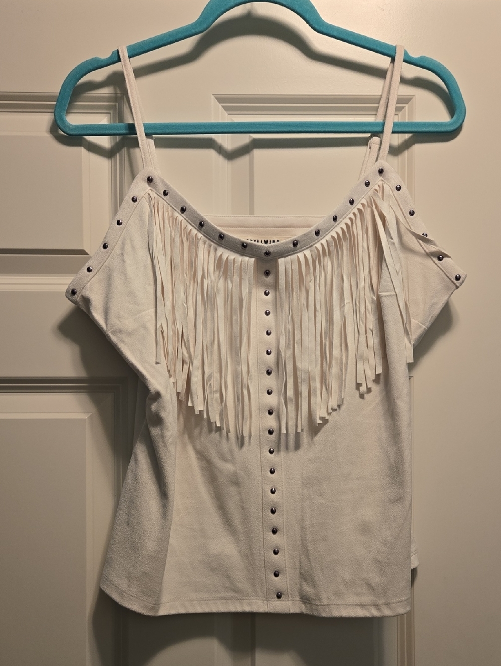 Idyllwind White Fringe Cold-Shoulder Studded Camisole